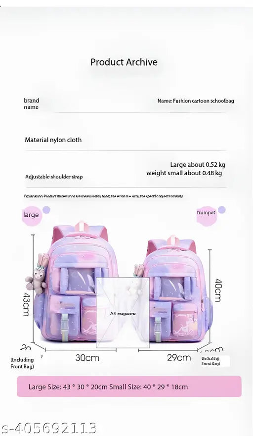Charming purple synthetic printed children's backpack with keychain. Features multiple pockets, durable fabric, and well-padded straps. Ideal for school, play, or travel." (96 characters)