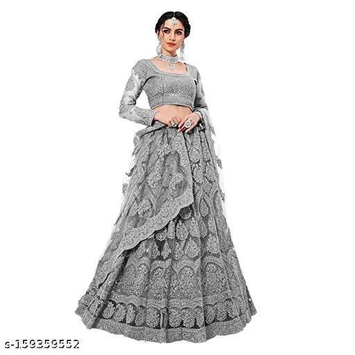 Embroidered chikankari party lehenga set, fancy designer net panel, floral embroidery for women