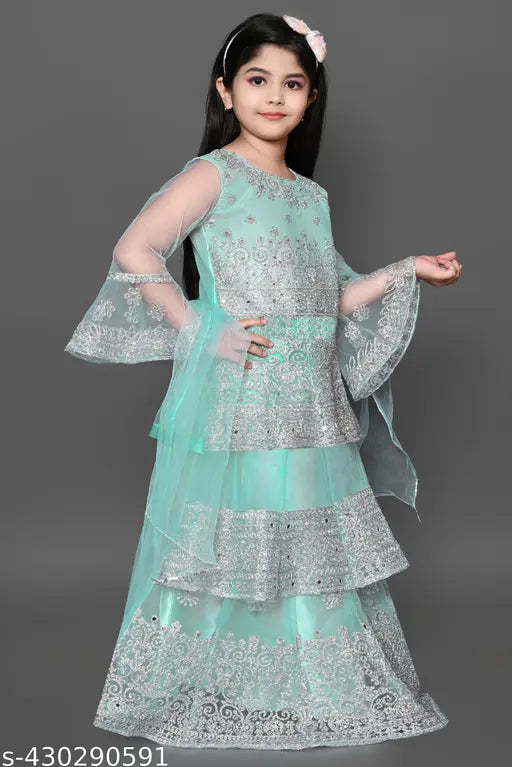 Red embroidered net lehenga choli for girls, featuring long sleeves and vibrant colors, Indian origin