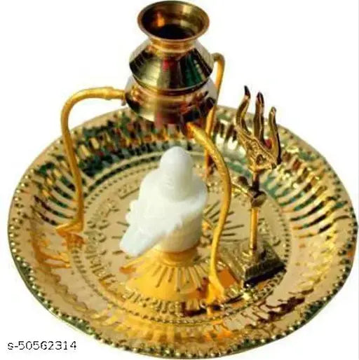Marble Shivling Shiva Ling, brass plate & stand; traditional Indian God idol (10 cm x 10 cm) for daily puja and blessings