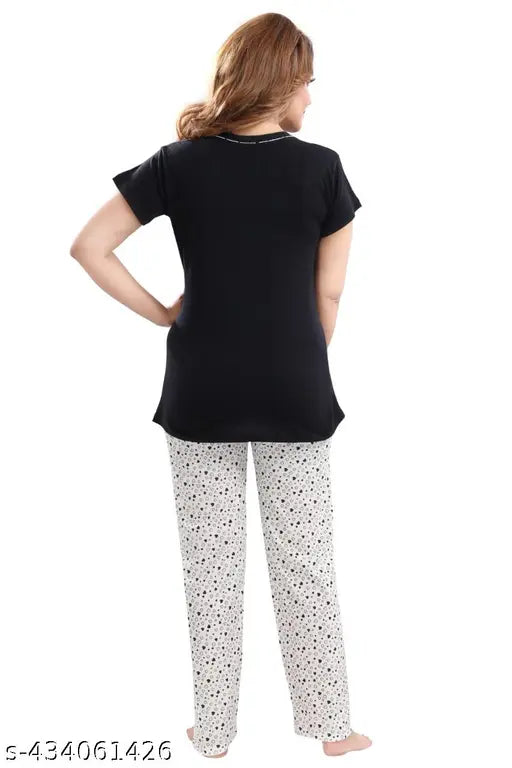 Printed cotton nightsuit with short sleeves and hosiery fabric, stylish printed net pattern on display, available in sizes M, L, XL, XXL from India