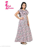 Cream crepe flower girl long dress for 11-12 years old, off shoulder/in shoulder fit and flare style, trendy fashionable frocks & dresses