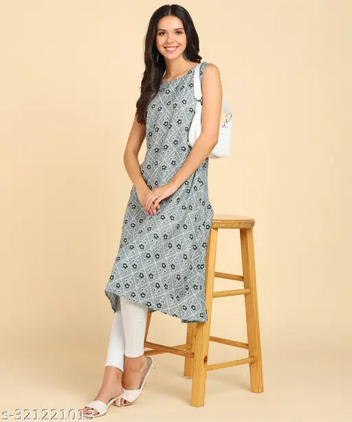 Sleeveless round long kurti in American crepe fabric, vibrant printed design for casual wear, calf-length style - women's fashion accessory
