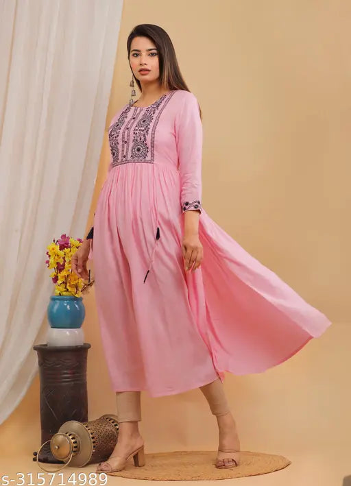 Embroidered rayon calf-length kurti by Neerja Fashion, three-quarter sleeves, S size (36in bust, 43in length) - Indian women's fashion