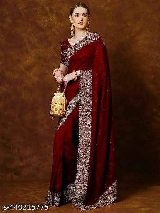 Premium vichiitra silk saree with heavy zari embroidery and stone work, Bollywood style, free size, 5.5m length