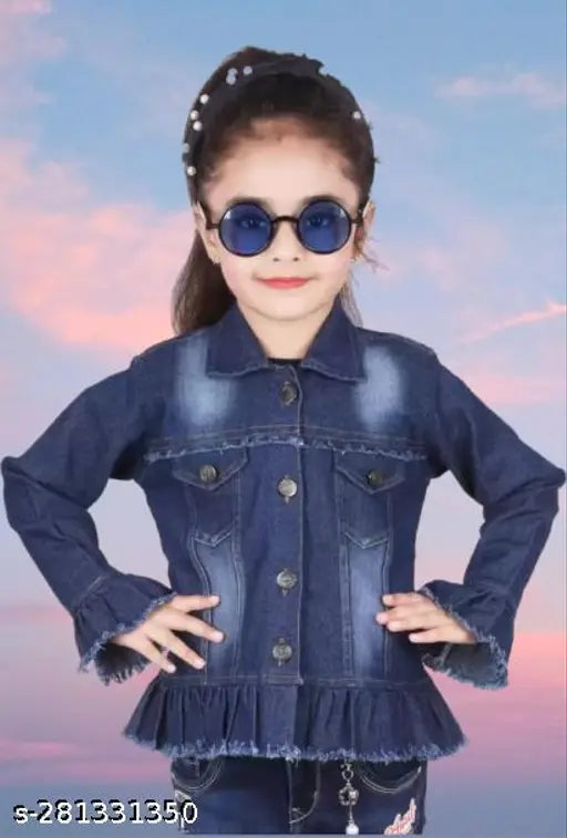 Dark denim long-sleeved kids' jacket, stylish freel dyed/washed design for ages 3-12. Made in India
