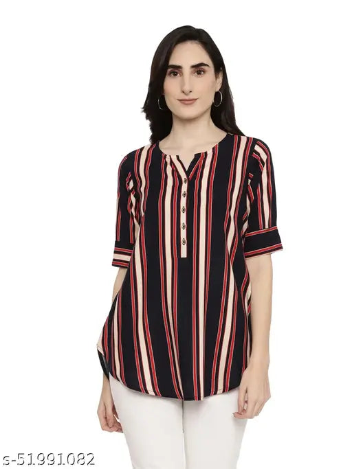Comfy rayon print tunic tops, three-quarter sleeves, perfect for business casual, India origin