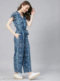 Blue checkered rayon striped jumpsuit with v-neck and short sleeves, featuring side pockets and suitable for both office and casual wear. Women's jumpsuit by OMSHARDA