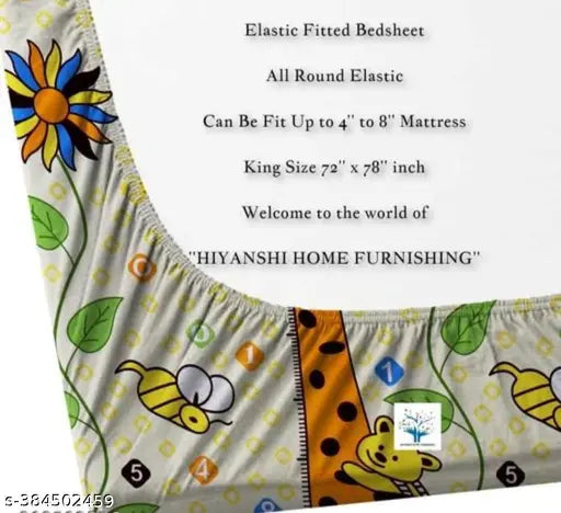 Premium cotton fitted double bedsheet with cartoon pattern & 2 pillow covers, subtle shine, elastic edge for neat fit