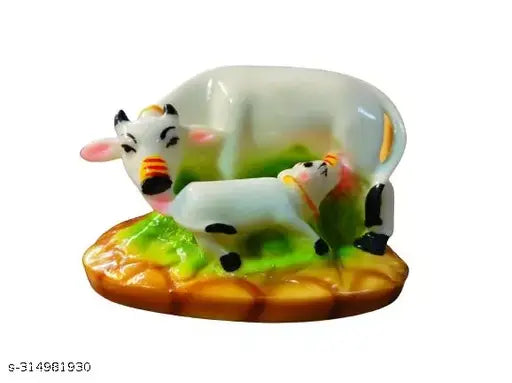 Marble dust/Polyresin Kamdhenu Cow & Calf Showpiece Idols, 5x3x3 inch - Indian artisanal handcrafted decorative cow and calf statue