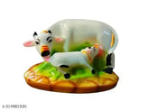 Marble dust/Polyresin Kamdhenu Cow & Calf Showpiece Idols, 5x3x3 inch - Indian artisanal handcrafted decorative cow and calf statue