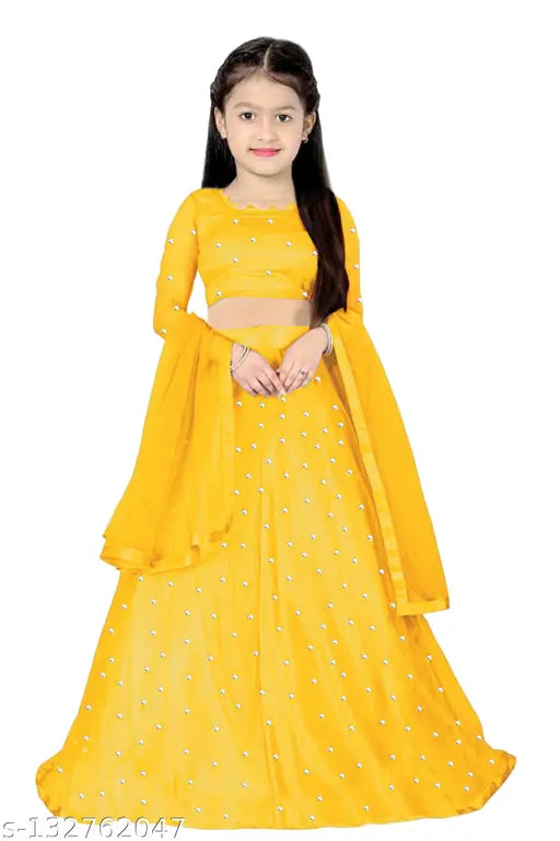 Yellow net lehanga choli for kids with embroidered lehenga and solid dupatta, featuring three-quarter sleeves and various sizes from 7-8 Years to 13-14 Years. Indian traditional wear for girls