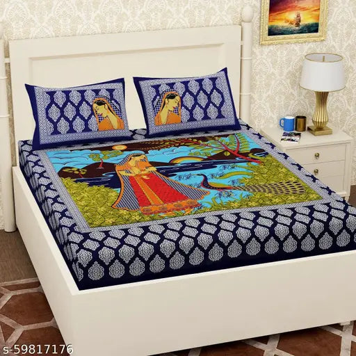 Blue cotton BHABI JI Jaipuri flat sheets, fine quality, double queen size, 2 pillow covers, ideal for heavy winter, made in India