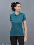 Teal cotton blend women's polo neck t-shirt, perfect for athleisure wear and casual outfits