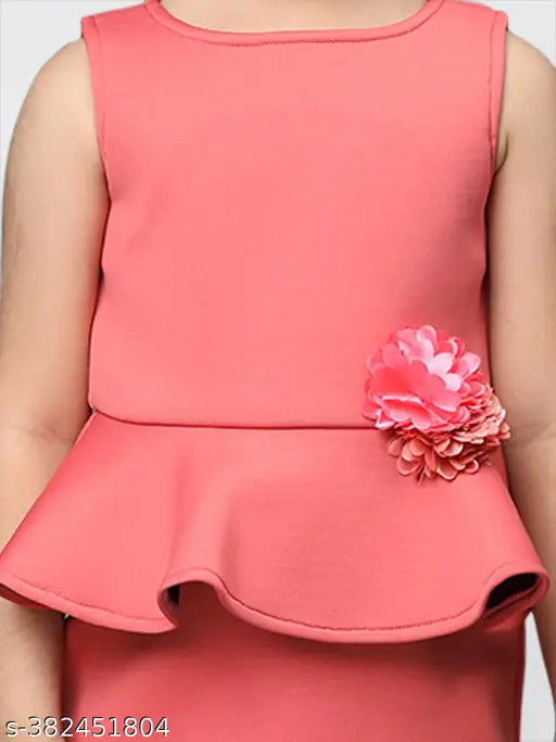 Coral polyester bodycon mini dress for kids, 2-3 years size with sleeveless design and solid net pattern