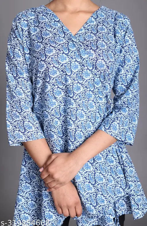 Cotton printed Angrakha kurta for women, traditional Indian fashion in three-quarter sleeves, available in various sizes