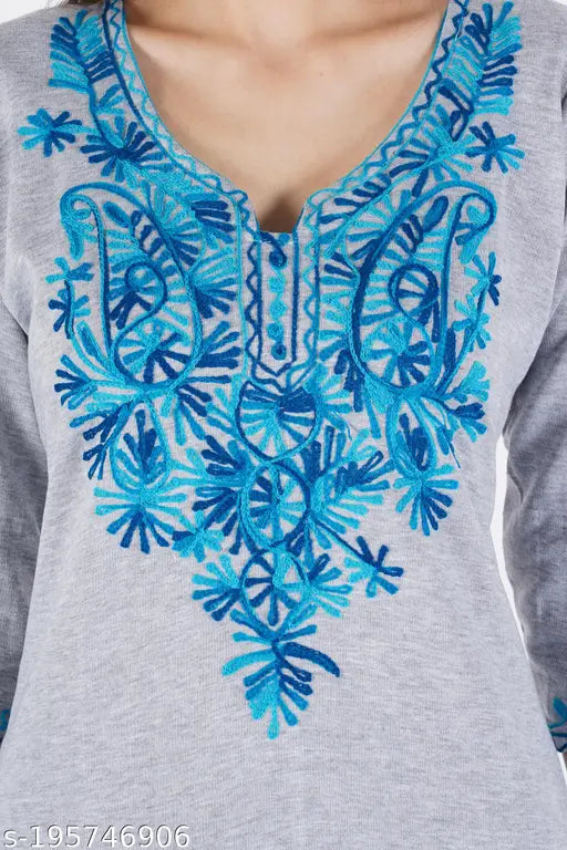 GreyBlue Woolen Embroidered Kurti, premium quality women's winter wear with ethnic design and lace detailing on round neck