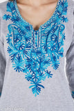 GreyBlue Woolen Embroidered Kurti, premium quality women's winter wear with ethnic design and lace detailing on round neck