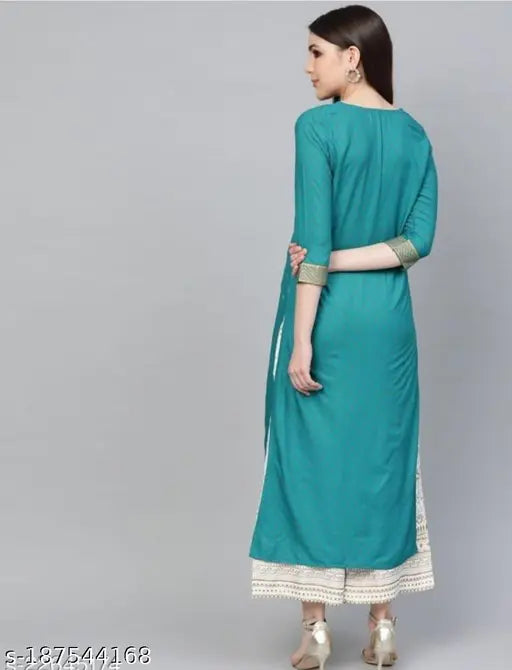 Green cotton printed kurta set with palazzo for girls, perfect for special occasions like weddings, Mehndi functions, office parties, or casual nights out. Indian ethnic wear