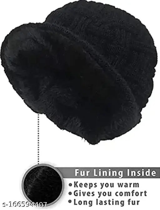 Black wool beanie cap (Pack-1), self-design, ideal for outdoor activities and daily wear. Unique wrinkled look design suits most outfits. Great for ski, snowboarding, camping, hiking, or holidays. Made in India