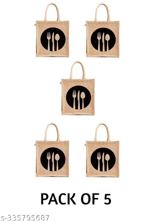 Beige jute tiffin bags with zip (medium size, Dine 3 print) - eco-friendly lunch carrier set of 5, waterproof and biodegradable, Indian origin