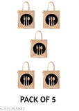 Beige jute tiffin bags with zip (medium size, Dine 3 print) - eco-friendly lunch carrier set of 5, waterproof and biodegradable, Indian origin