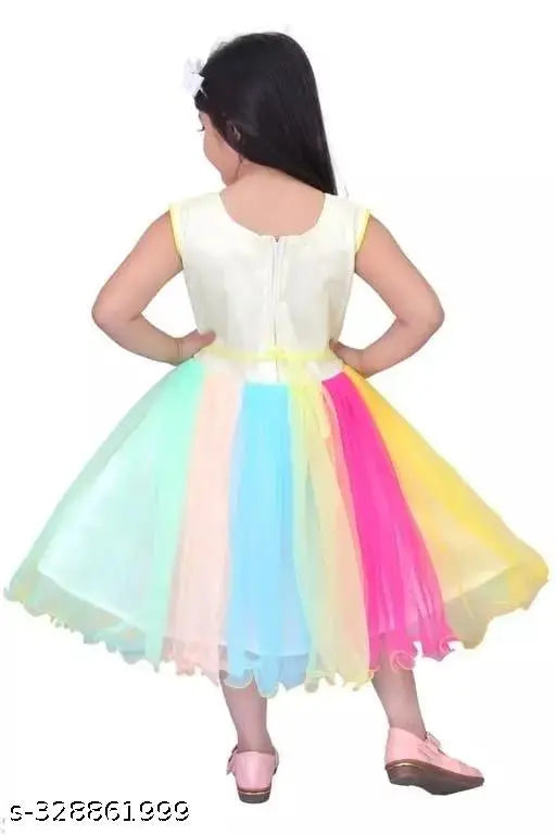 Silk blend sleeveless embellished net kid frock for girls, vibrant rainbow colors, Indian occasion wear, Kids Fashion