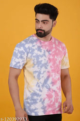 Multi color tie dye cotton short sleeve T-shirt, printed pattern on round neck, bio washed, 180 GSM, various sizes available (S-XL) from India