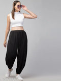 Black blend viscose harem pants, free size with elastic waistband - women's regular fit trousers from India