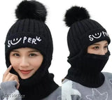 Black faux fur pompom winter cap with face mask (HRIDAY, woolen, onesie)
