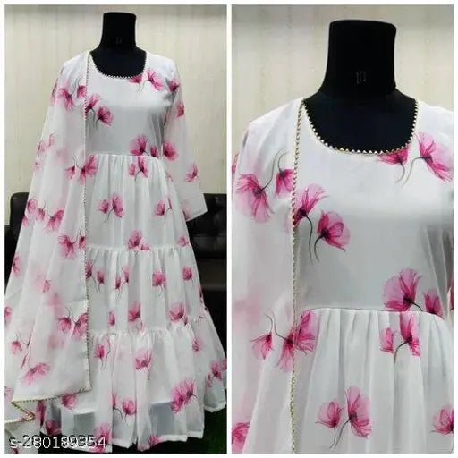 White and pink printed net georgette DUPPTA dress, M, L, XL, XXL from India