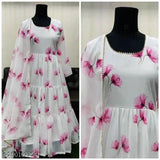 White and pink printed net georgette DUPPTA dress, M, L, XL, XXL from India