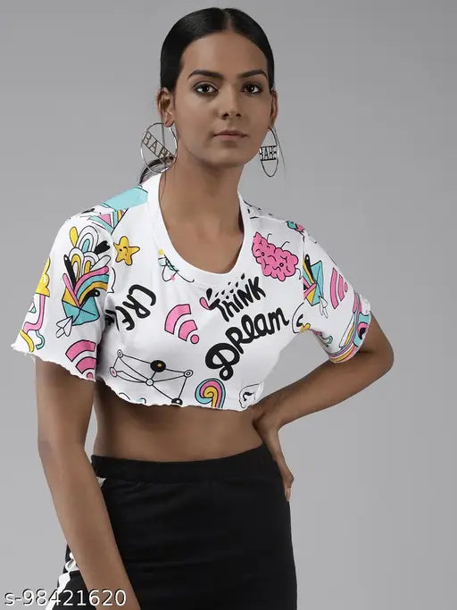 White cotton blend typography t-shirt, women's short sleeve with printed pattern, 'The Dry State' brand, round neck, made in India