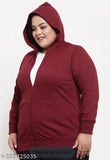 Stylish maroon fleece hoodie, long sleeves, plus size for women (XXL, X3XL), solid pattern, India origin