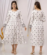 Lightweight rayon Jaipuri white Anarkali kurti, printed combo, long sleeves, casual wear