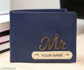 Customised blue leather wallet for men, personalized with name and charm code, perfect gift for him