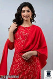 Red rayon kurti with gharara, embellished net design for women or girls. Rayon material, three-quarter sleeves, includes dupatta and bottomwear. Indian origin
