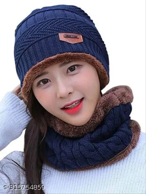 Blue woolen beanie cap with fox fur lining and muffler, ideal for winter wear