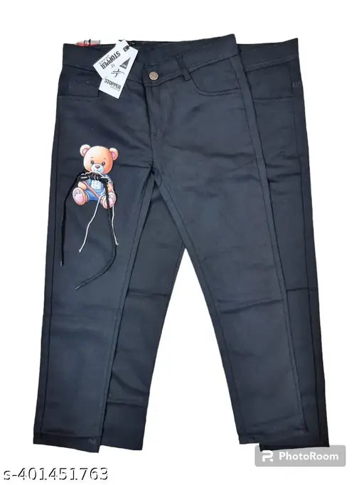 Mens stylish cotton blend teddy bear print denim jeans, size 28, 30, or 32. Playful and comfortable denim with a unique twist