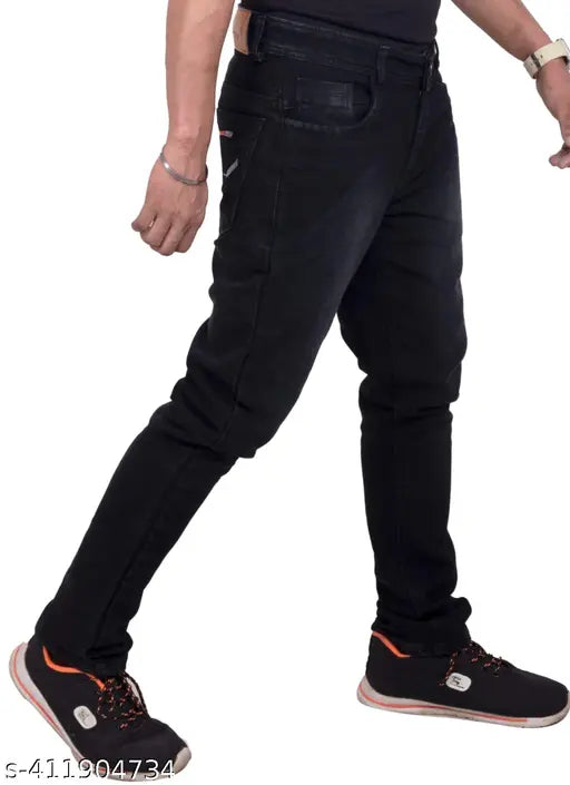 Black denim full-length jeans for men, stylish party/festive wear with knitted detail, size 30 (waist 30in, length 41in) from India