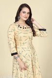 Cream rayon Anarkali kurti with fashionable printed pattern, three-quarter sleeves, suitable for XL to 9XL bust sizes