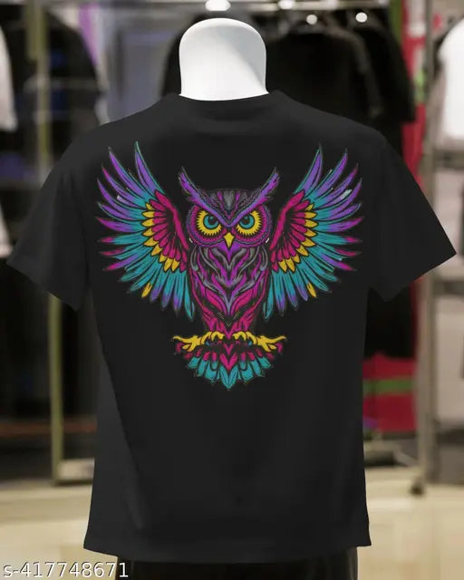 Mens black cotton t-shirt, owl print front & back, premium quality, durable & lightweight