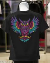 Mens black cotton t-shirt with owl print front/back, premium print and fabric for men and boys. Durable, lightweight, odorless, anti-fade cotton t-shirt in various sizes (S, M, L, XL). Great for casual or formal wear. Indian origin