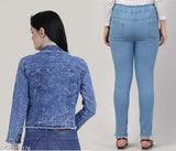 Denim jogger and jacket set for girls, solid color denim clothing with long sleeves on hanger