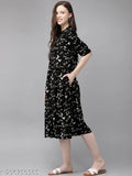 Black rayon flared kurti with three-quarter sleeves, printed ethnic design for women