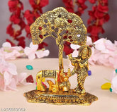 Metal Krishna and Cow Idol with Flute, antique gold finish, traditional decorative showpiece - 17 cm (Indian origin)