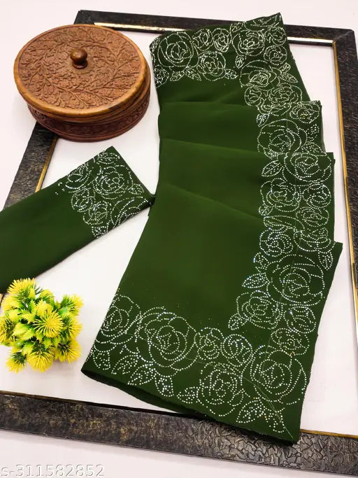 Indian free size Georgette saree in Art Silk, solid pattern with running blouse