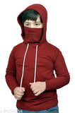 Maroon cotton blend boys' hoodie with mask, long sleeves, solid color, 8-9 years size