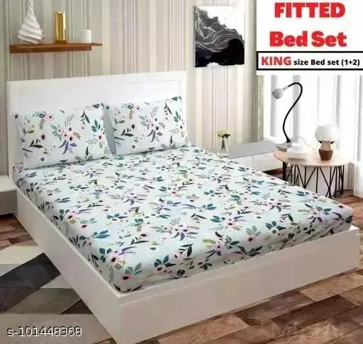 Glace cotton king size fitted bedsheet & 2 floral pillow covers, superfine quality for summer adult use