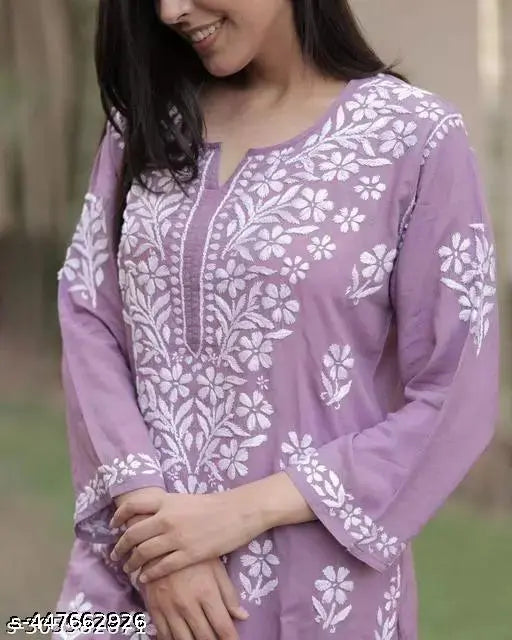 Rayon Chikankari Floral Design Kurti Palazzo set with embroidery, Indian ethnic wear featuring Lucknowi Chikan craftsmanship and traditional artistry